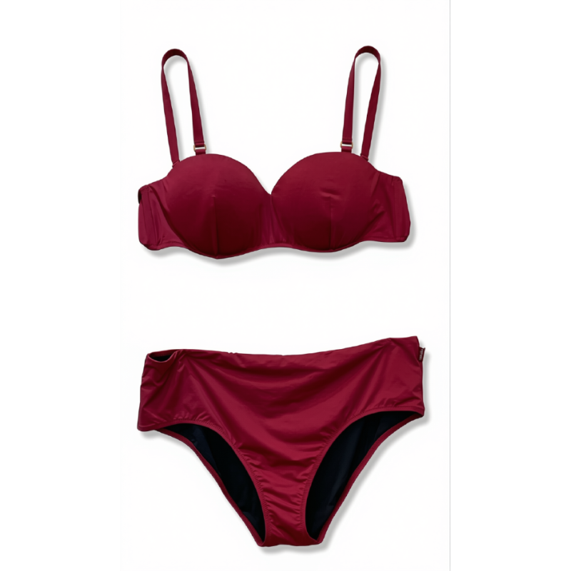 Bikini Donna – Set Due Pezzi in Elegante Tonalità Bordeaux, Top a Balconcino con Ferretto e Slip Modellante a Vita Alta