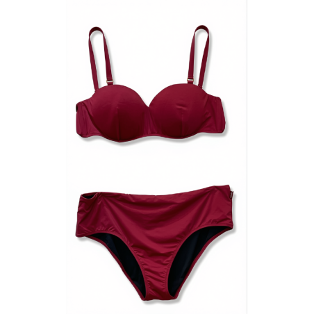 Bikini Donna – Set Due Pezzi in Elegante Tonalità Bordeaux, Top a Balconcino con Ferretto e Slip Modellante a Vita Alta