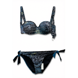 Bikini Donna – Set Due Pezzi Reversibile, Fantasia Geometrica Urbana su un Lato e Tinta Unita Blu Petrolio sull’Altro