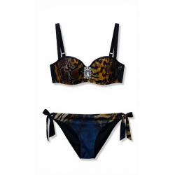 Bikini Donna – Set Due Pezzi con Stampa Tropicale Effetto Sunset, Top a Fascia Drappeggiato e Slip a Vita Alta