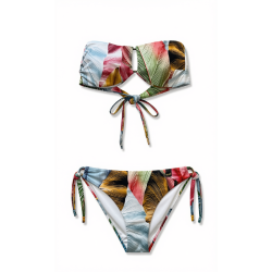 Bikini Donna – Set Due Pezzi con Stampa Tropicale "Botanical Jungle", Top a Fascia Annodato e Slip con Laccetti Laterali