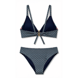 Bikini Donna – Set Due Pezzi "Geometric Blue Mosaic", Top a Triangolo con Dettaglio Gioiello e Slip Coordinato