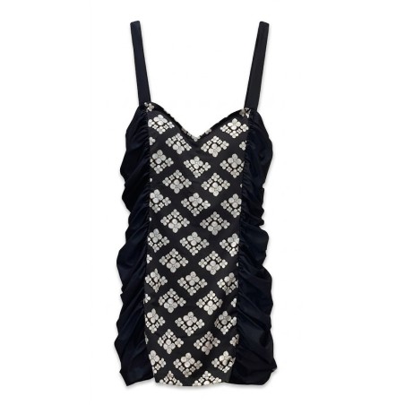 Costume Intero a Vestitino Donna Parah – Nero con Stampa Castoni Gioiello, Arricciature e Slip Fucsia