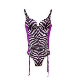 Costume Intero Donna Parah – Fantasia Zebrata Viola e Bianca con Ferretto e Sgambatura Regolabile