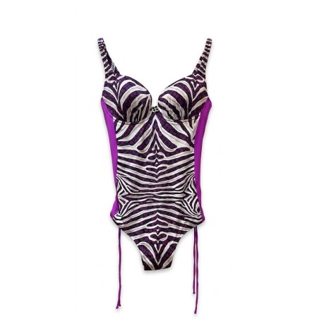 Costume Intero Donna Parah – Fantasia Zebrata Viola e Bianca con Ferretto e Sgambatura Regolabile