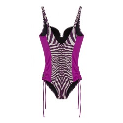 Costume Intero Donna Parah – Fantasia Zebrata Viola e Bianca con Ferretto e Sgambatura Regolabile
