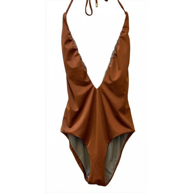 Costume Intero Donna Parah – Marrone Caldo con Scollatura Profonda e Allacciatura al Collo