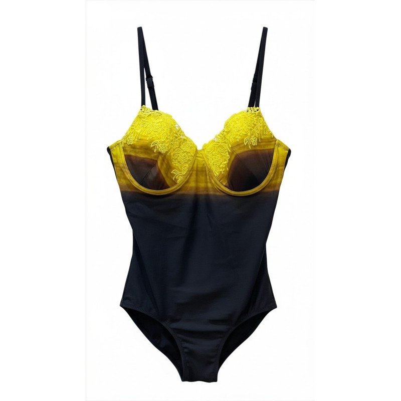 Costume Intero Donna Parah – Sfumato Nero/Giallo con Dettagli in Pizzo a Contrasto