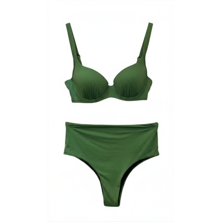 Bikini Donna – Set Due Pezzi in Tinta Unita Verde Bosco con Reggiseno a Balconcino e Slip Vita Alta