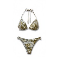 Bikini Donna – Set Due Pezzi con Stampa Barocca Oro e Bianco, Top a Triangolo e Slip Regolabile