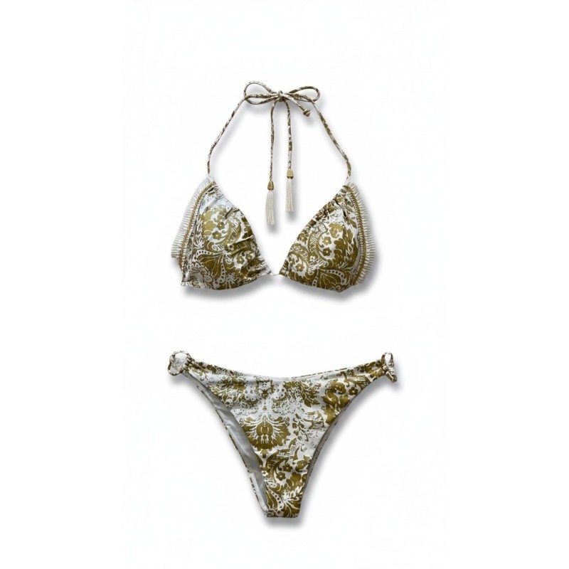 Bikini Donna – Set Due Pezzi con Stampa Barocca Oro e Bianco, Top a Triangolo e Slip Regolabile