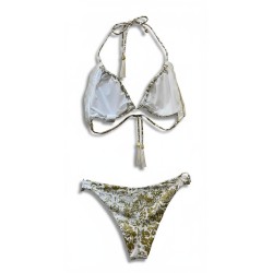 Bikini Donna – Set Due Pezzi con Stampa Barocca Oro e Bianco, Top a Triangolo e Slip Regolabile