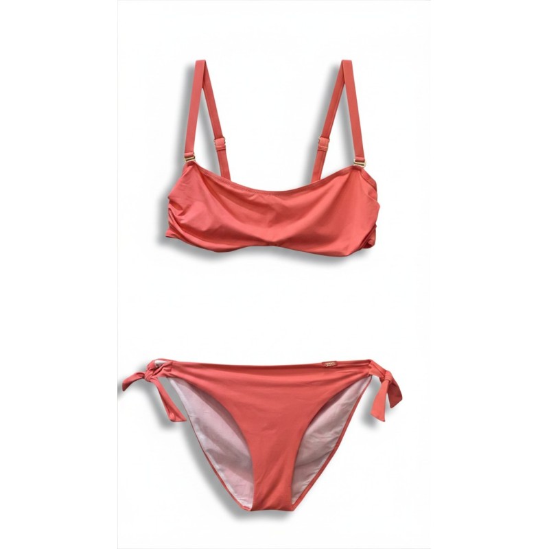 Bikini Donna – Set Due Pezzi in Color Corallo Vivace, Top a Balconcino e Slip con Laccetti Laterali
