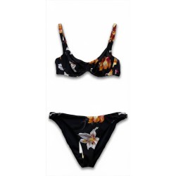 Bikini Donna – Set Due Pezzi con Stampa Floreale Esotica su Base Nera, Top a Balconcino con Ferretto